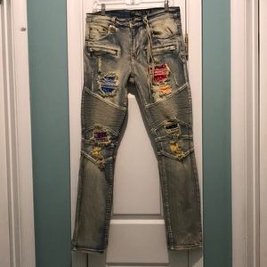 COTE DE NUITS GUERRE ET PAIX HAUTE COUTURE BANDANA DISTRESSED JEANS SIZE 32W 32L